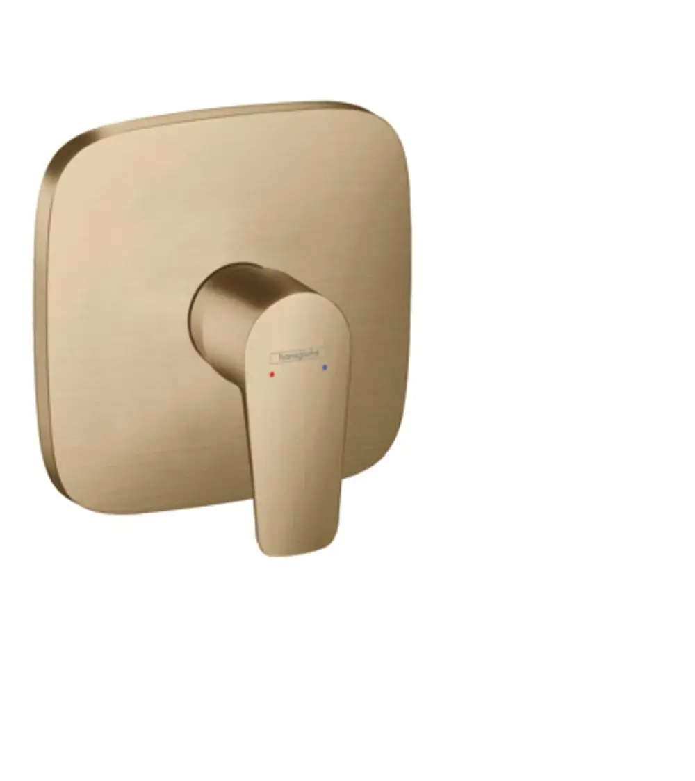 Einhebelmischer von Hansgrohe in gebürstetem Bronze-Finish, quadratische Wandplatte und zentraler Hebel mit farblicher Kennzeichnung für Warm- und Kaltwasser.